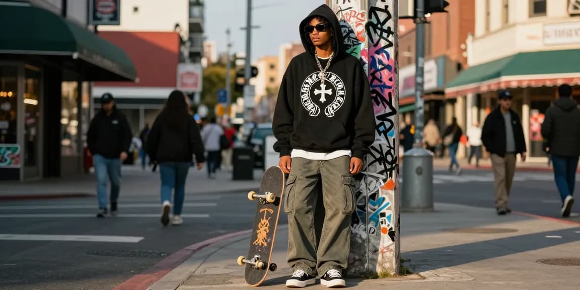Stylish individual in a Chrome Hearts oversized hoodie with sunglasses in an urban setting