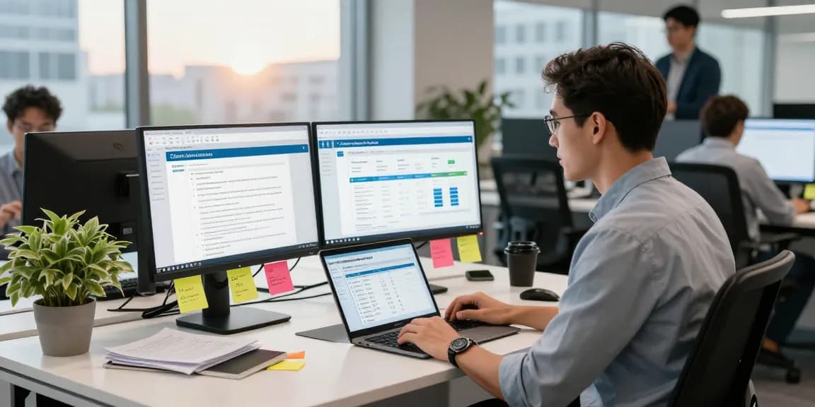 Cyber Essentials renewal process in a modern office with IT consultant guiding compliance across devices and paperwork.