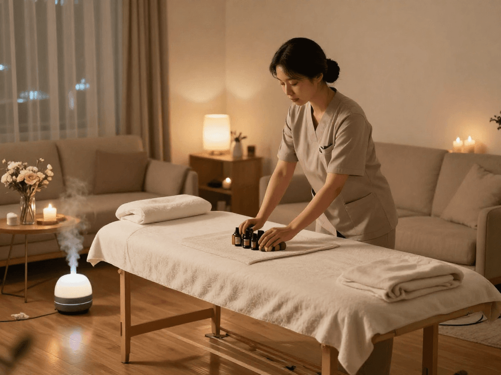 Experience premium 하남출장마사지 in a cozy home setting with a professional therapist preparing for a relaxing session.