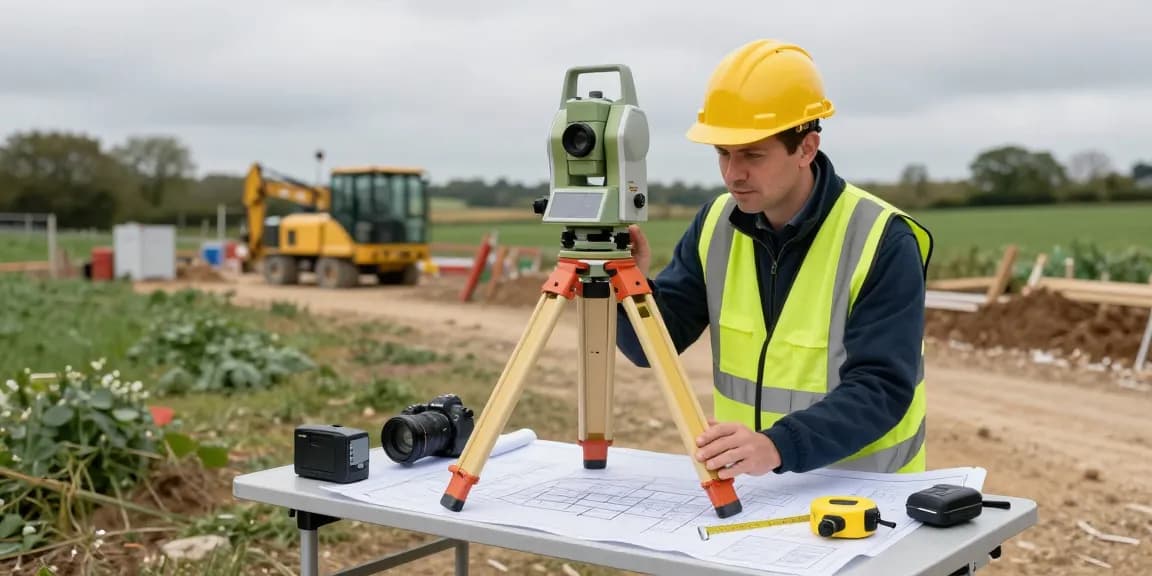 Measured Building Surveys Berkshire conducted by expert surveyor with advanced tools at construction site.