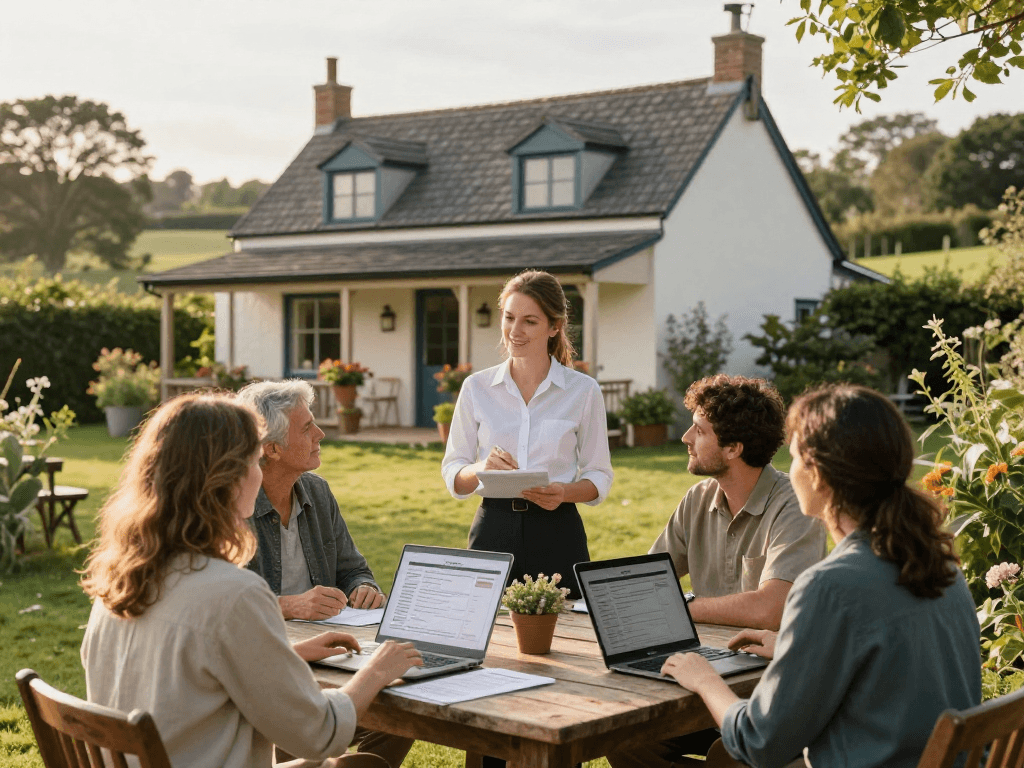 Team discussing holiday let management strategies at a cottage in serene countryside.
