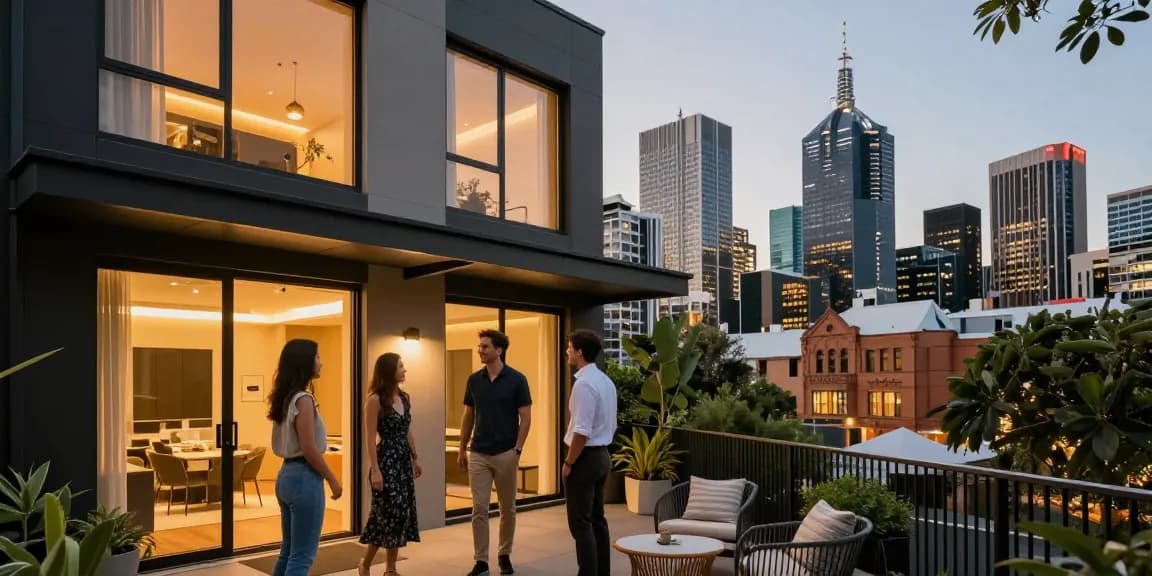Chic Melbourne Airbnb co-hosting scene with welcoming couple and city skyline, highlighting premium short-term rentals.