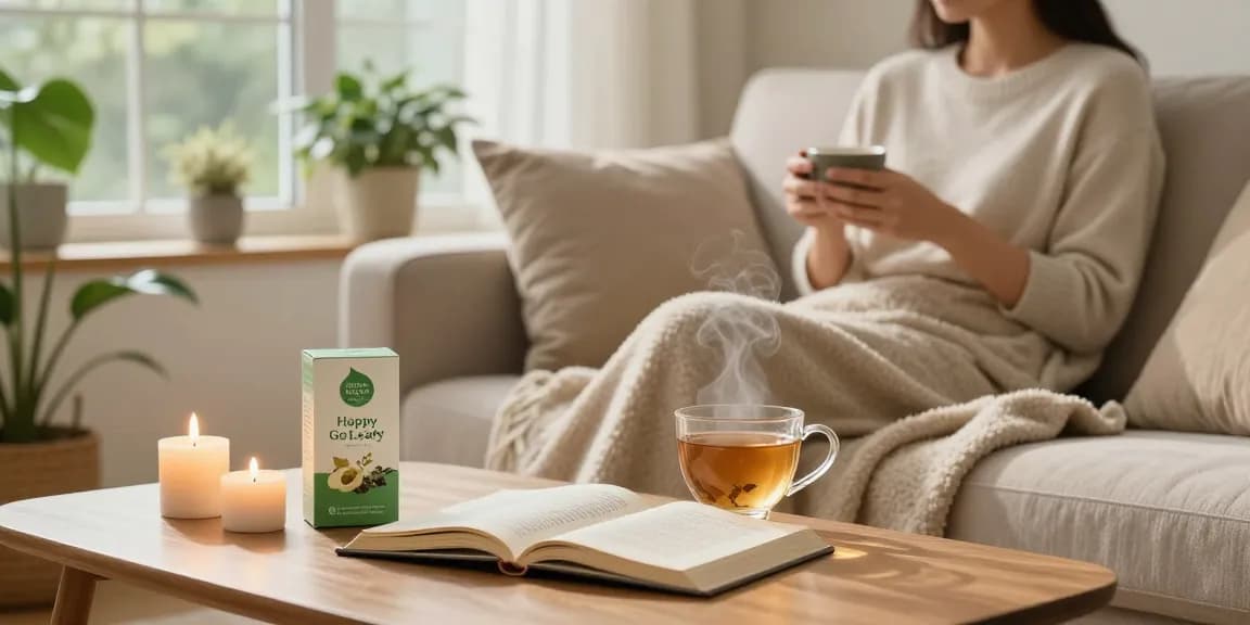 Relaxing living room scene featuring Happy Go Leafy products, soothing atmosphere with tea, plants, and books.