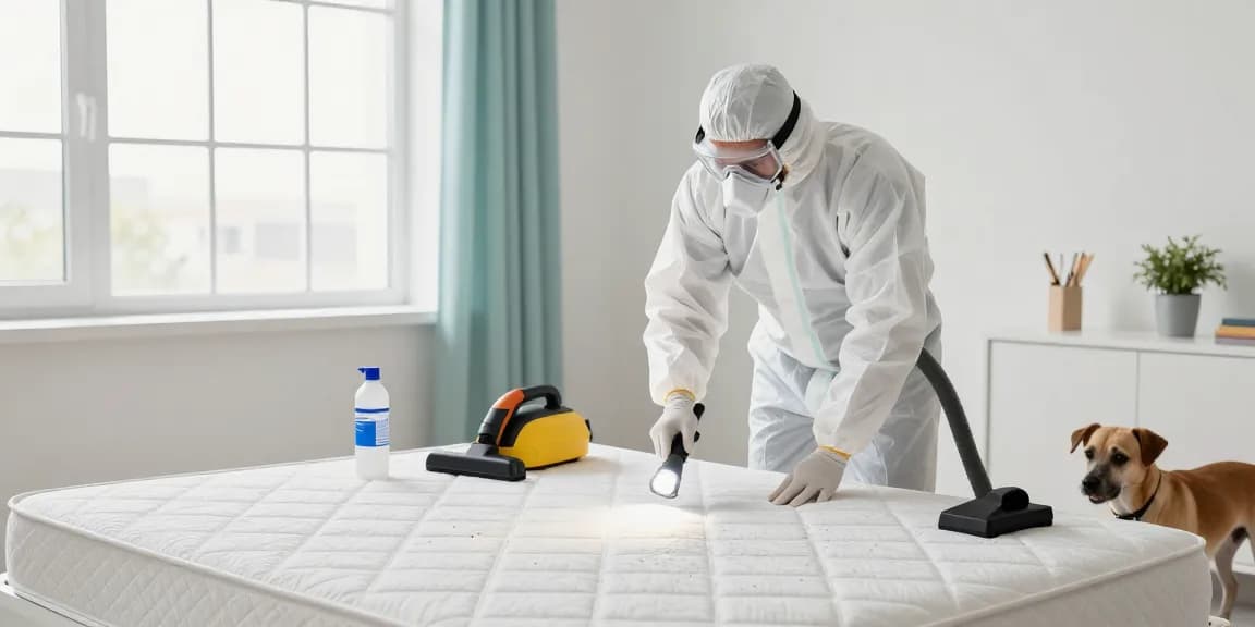 Bed bug exterminator inspecting a mattress during effective treatment in a clean bedroom.