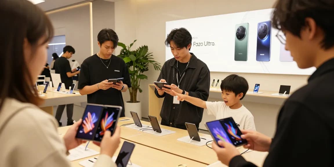 People exploring foldable phones 2026 in a modern tech showroom with vibrant displays and innovative designs.