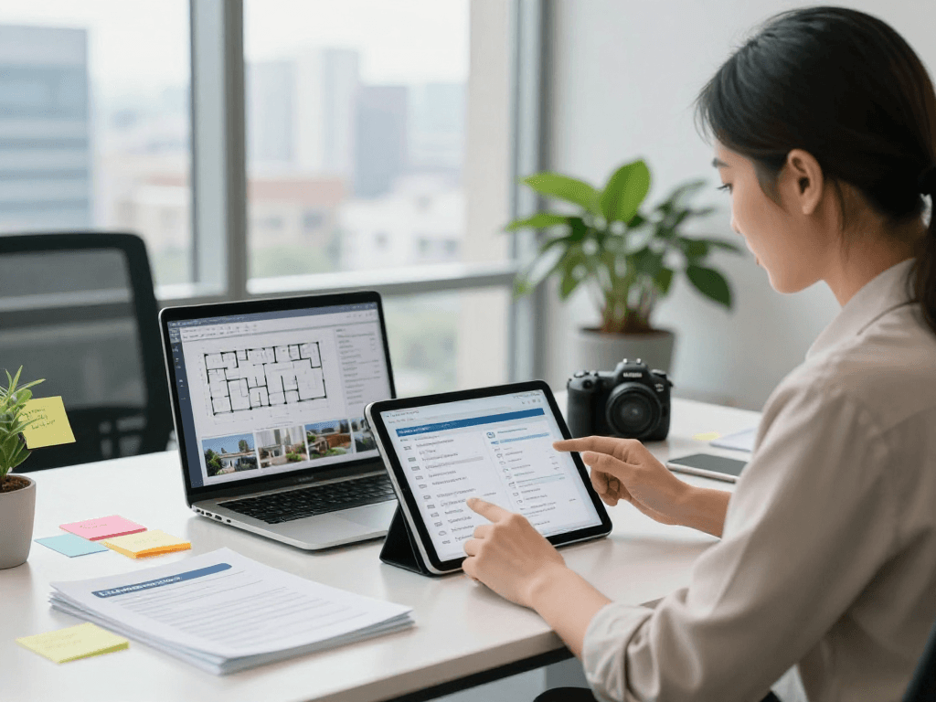 Real estate professional using IDXSTAR technology in a modern office