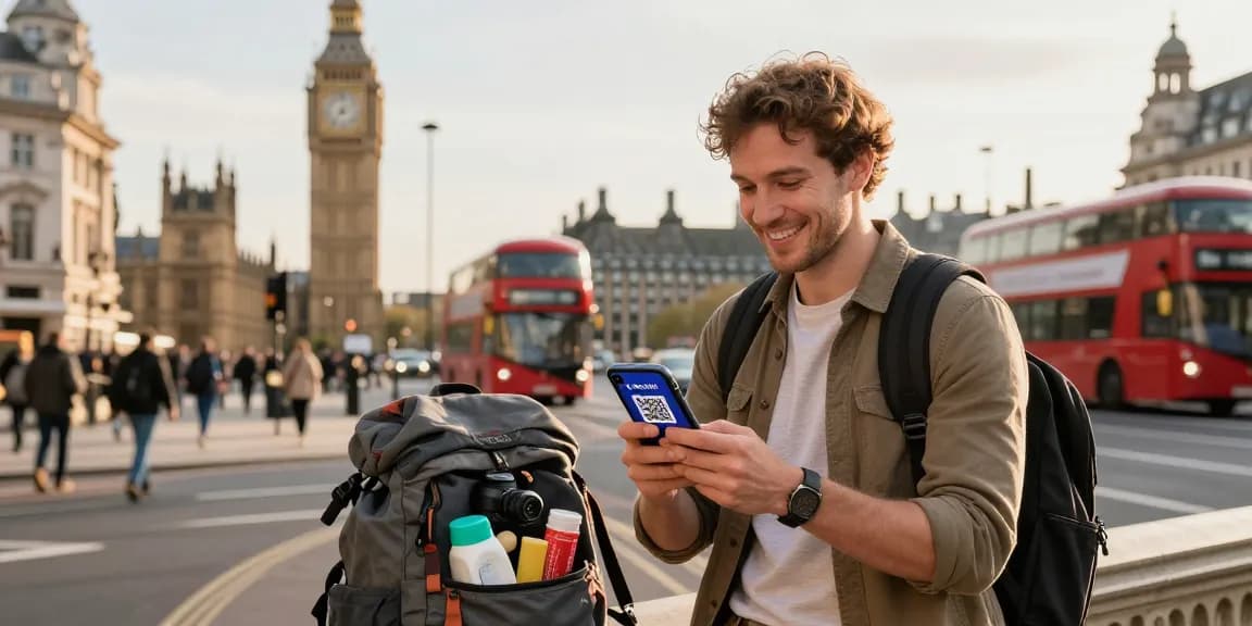 Traveler activating CocoRoam eSIM at Big Ben, enjoying instant connectivity.