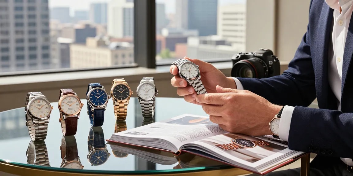 Explore exquisite replica watches through a luxury watch enthusiast's lens in an urban setting.