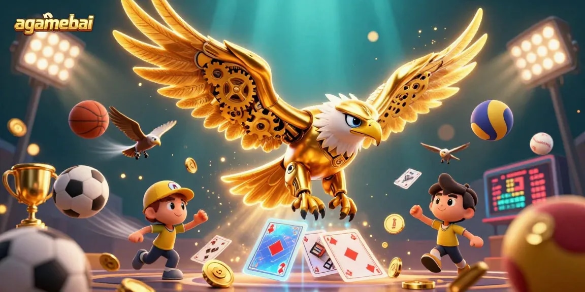 Engaging gameplay dynamic with agamebai's cybernetic eagle soaring through holographic cards.