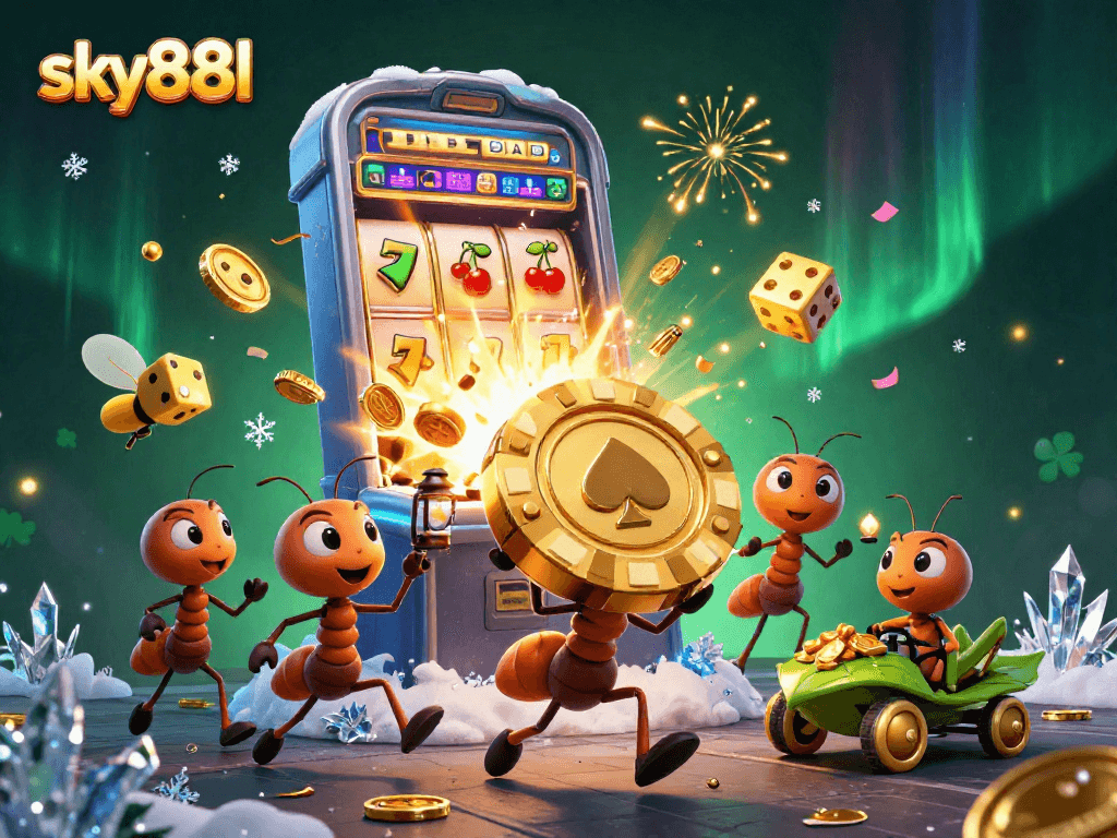 Engage in thrilling wins with sky88l's golden poker heist led by playful 3D ants in a vibrant casino explosion.