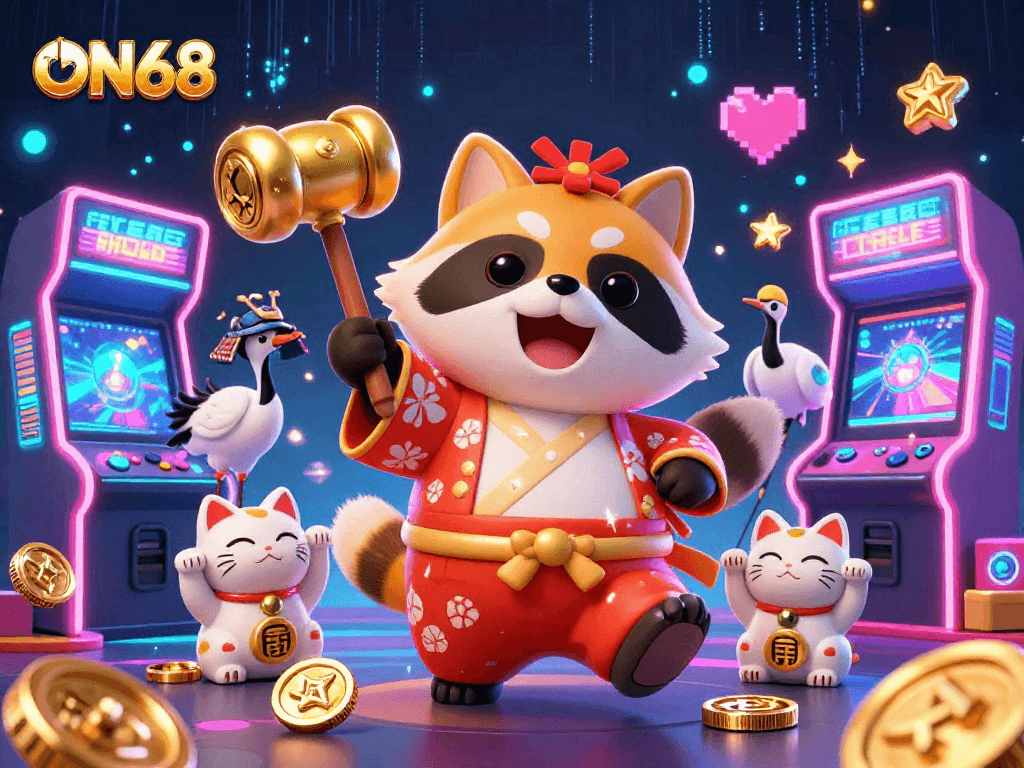 Experience the thrilling atmosphere of ON68 with a cartoon tanuki and lucky fortune cats in a dynamic casino-themed illustration.