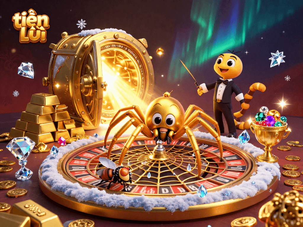 Experience the excitement of tiến lên as the golden spider spins a roulette web in this vibrant casino scene.