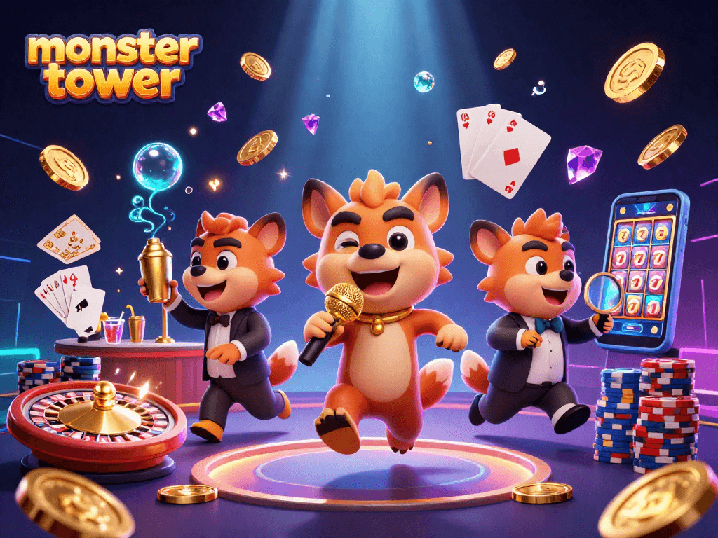 Experience monster tower excitement with hyenas in a lively casino scene full of jewels and games.