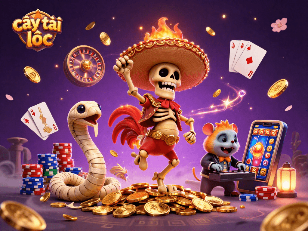 Catching jackpots in cây tài lộc game with vibrant characters and golden coins flying in a casino for gamblers.