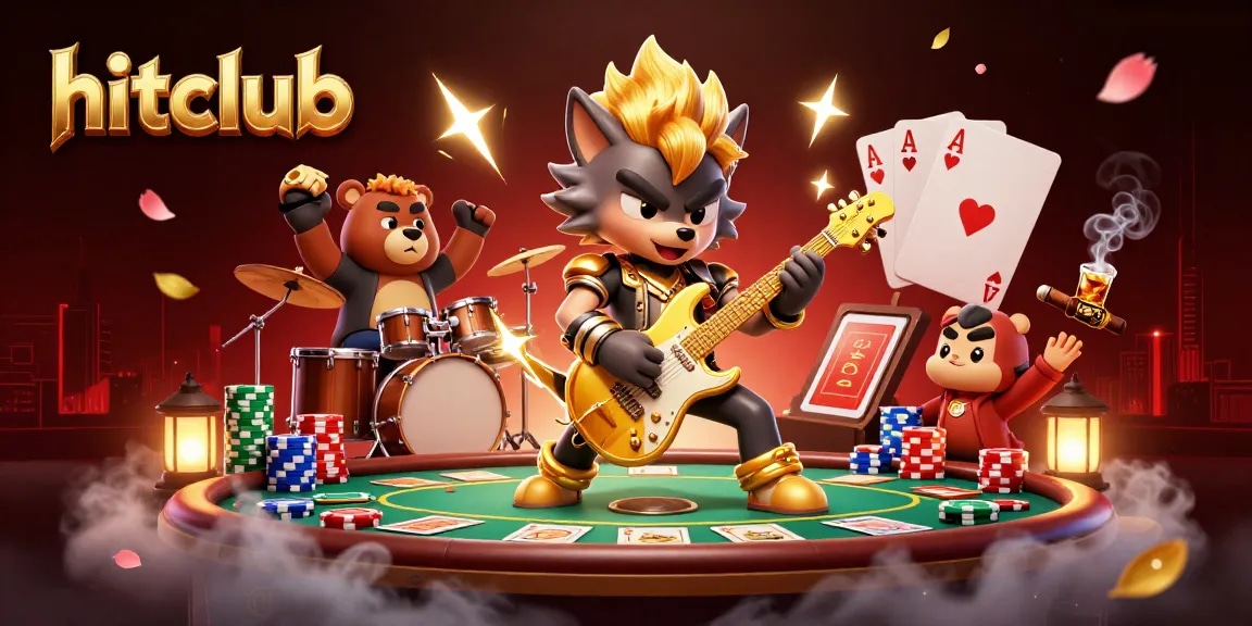 Hitclub showcases thrilling gameplay with a vibrant wolf rock star shredding a golden guitar in a dynamic casino setting.