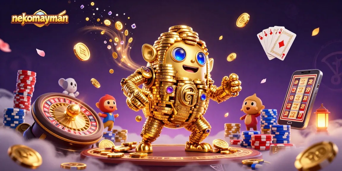 Spin the reels with nekomayman, a vibrant slot game featuring golden golems and cascading coins.