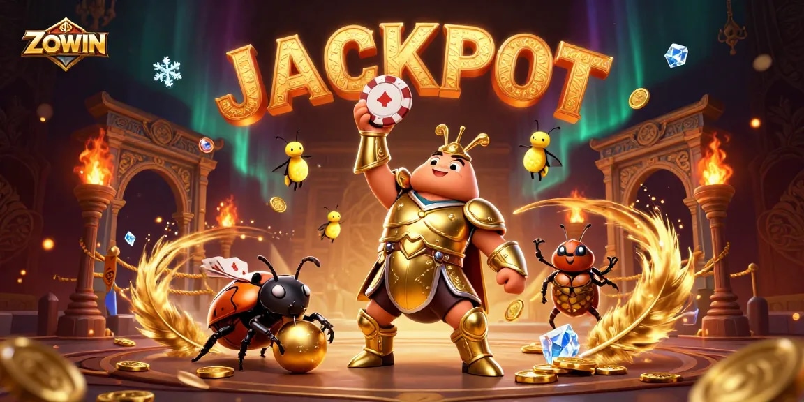 ZOWIN casino illustration showing a triumphant beetle with poker chip and fireflies spelling JACKPOT, set in a vibrant gaming arena.