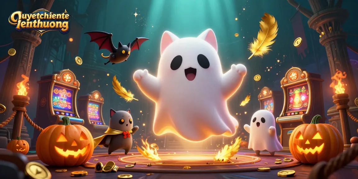Engage with the haunted fun in quyetchientienthuong, featuring a cozy ghost cat and friends in a lively casino.
