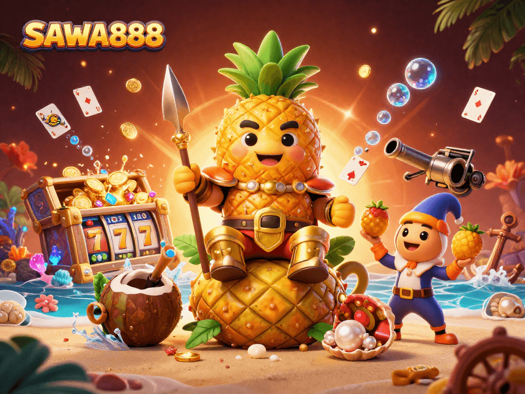SAWA888 showcases a vibrant beach casino scene, featuring animated characters engaging in slot games and surrounded by gold coins and festive elements.