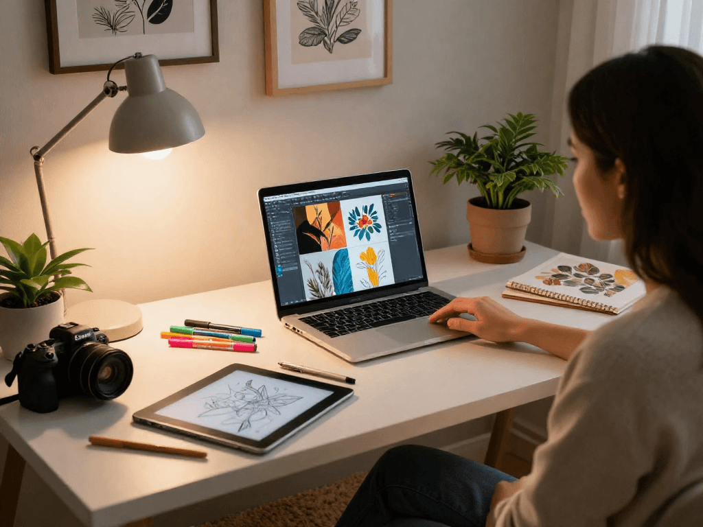 Creating nsfw ai artwork in a cozy workspace with design tools.