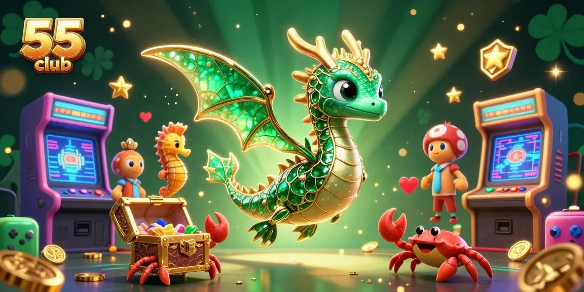 Experience the thrilling 55 club with vibrant sea dragon and casino game elements.