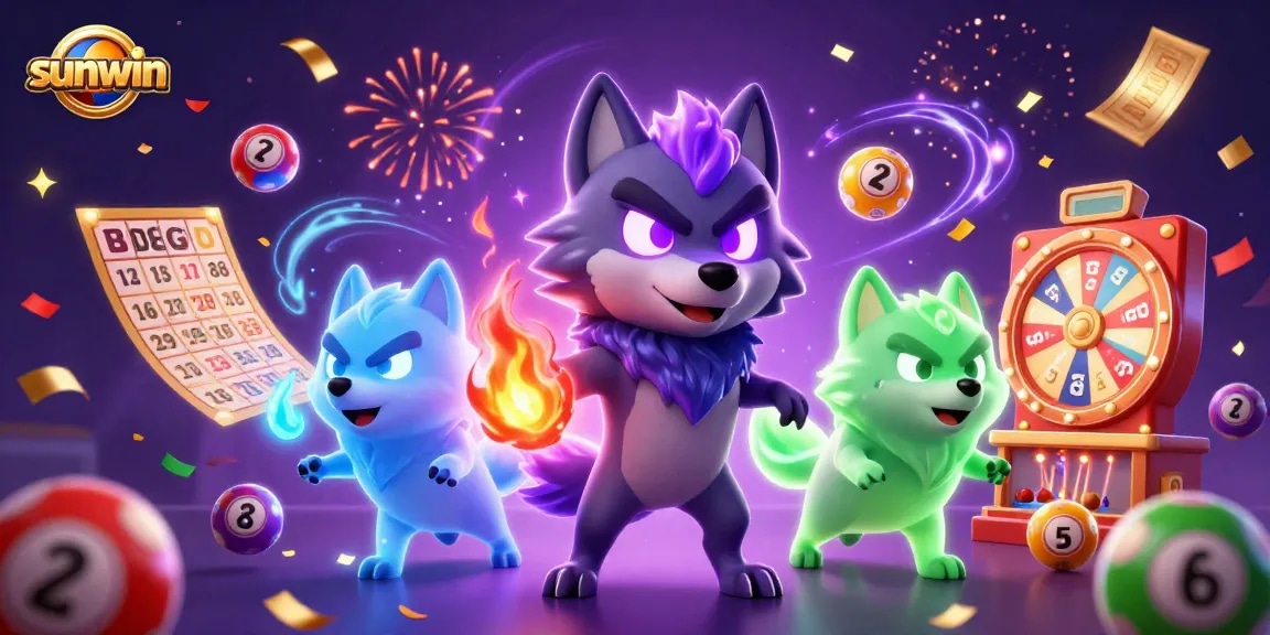 Experience the excitement of sunwin with a vibrant 3D illustration of ghostly wolves and lottery elements.