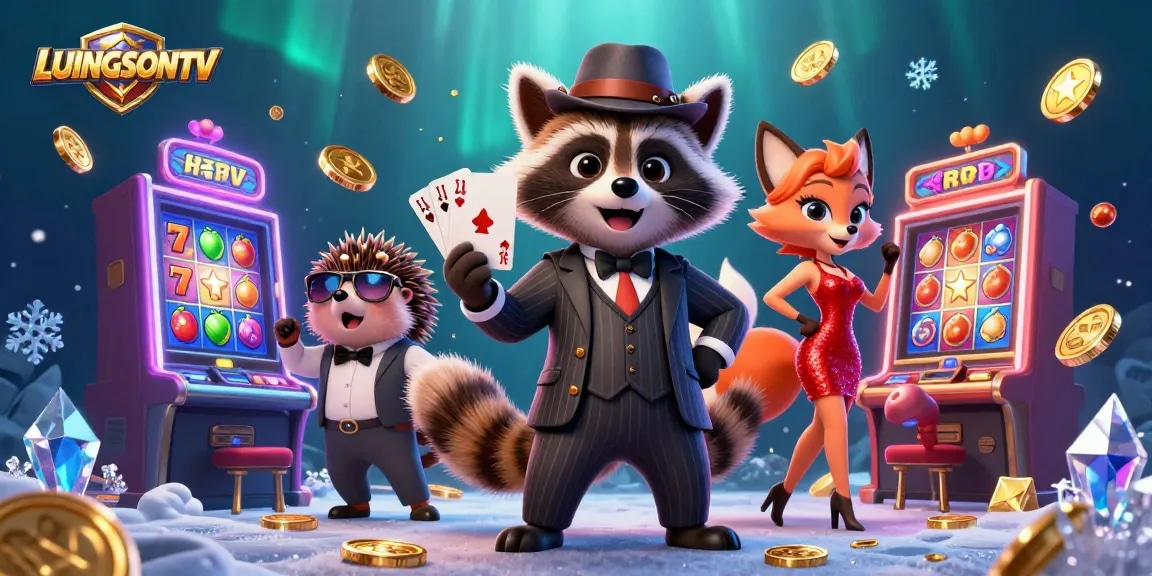 LUONGSONTV offers a vibrant casino scene with a raccoon in a suit holding a royal flush surrounded by slot machines.
