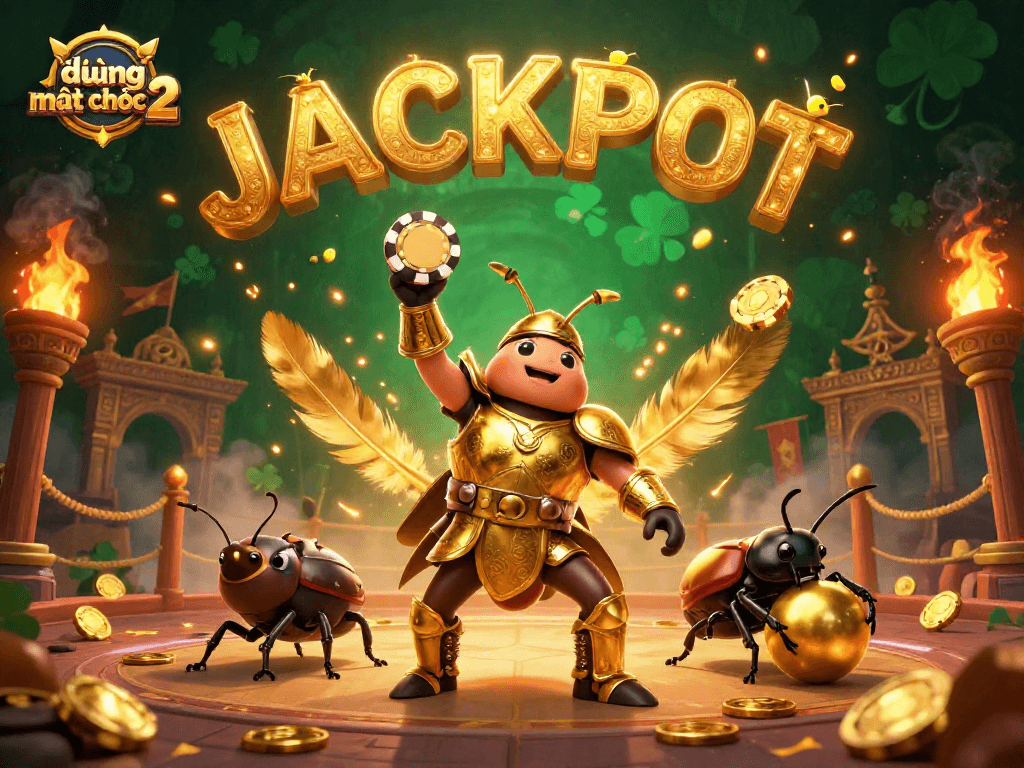 Experience the excitement of đường mạt chược 2 with a victorious beetle lifting a poker chip in a vibrant gambling arena.