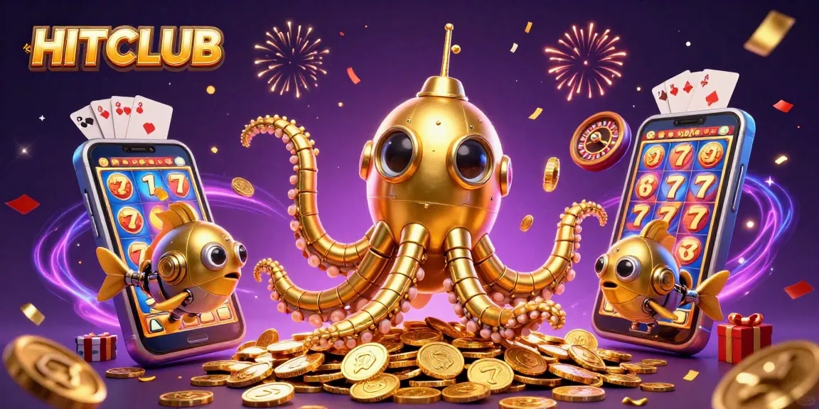 Experience HITCLUB gaming magic with a vibrant kraken submarine surrounded by slot games and golden riches.
