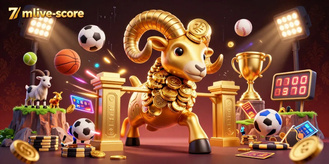 Engage with 7mlive-score's dynamic sports betting scene featuring a golden ram and vibrant game elements.