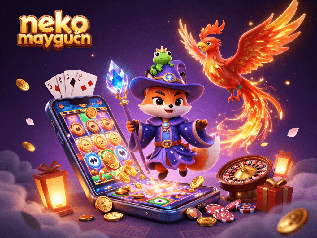 Experience enticing slot action in Neko May Mắn with golden coins and vibrant gaming elements.