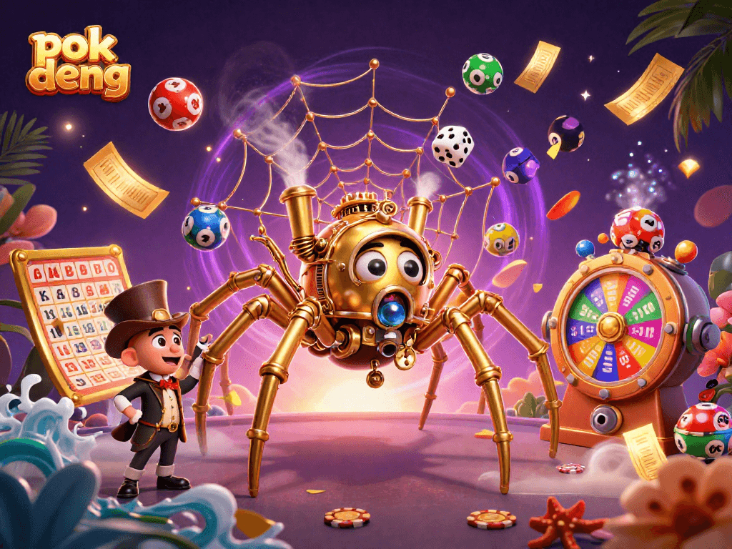 Experience the excitement of pok deng with this dynamic illustration featuring a golden spider and lottery elements.