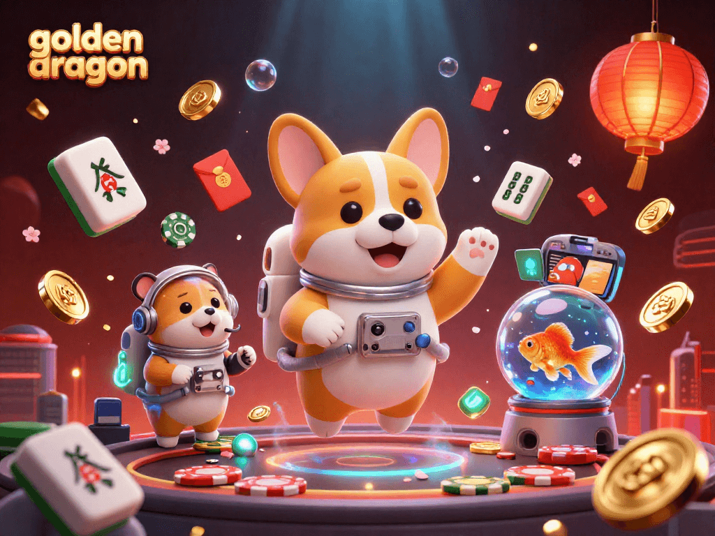 Play the golden dragon slot game among vibrant casino elements in this captivating 3D scene.