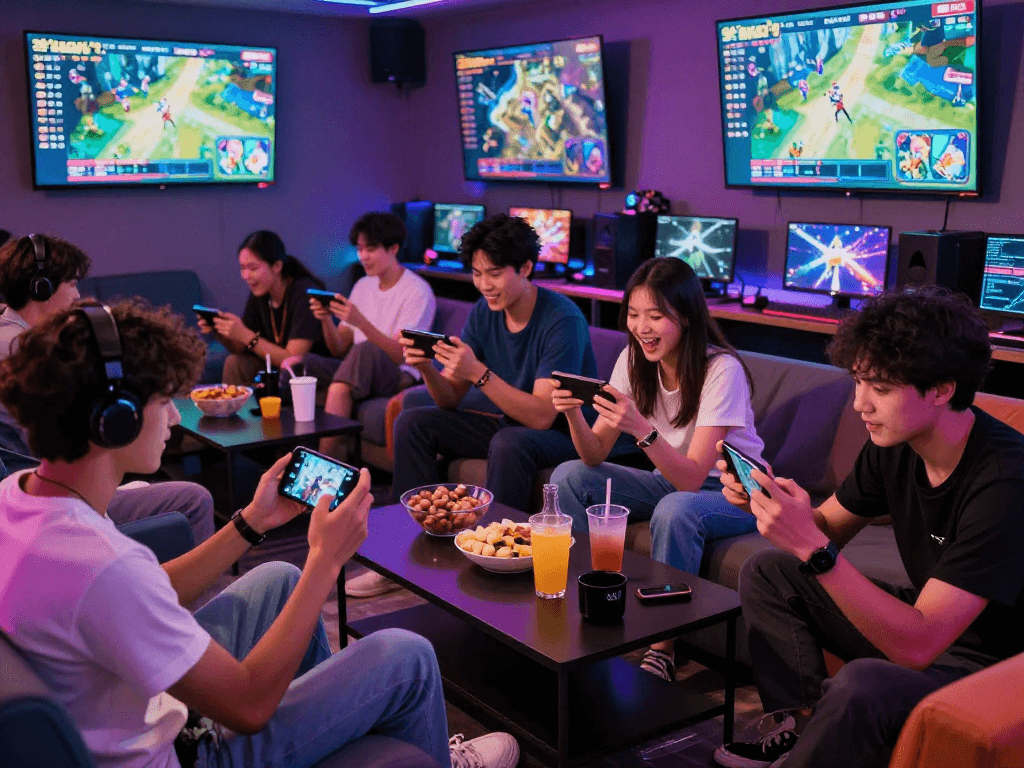 Engaged gamers enjoying mobile porn games in a vibrant gaming lounge atmosphere.