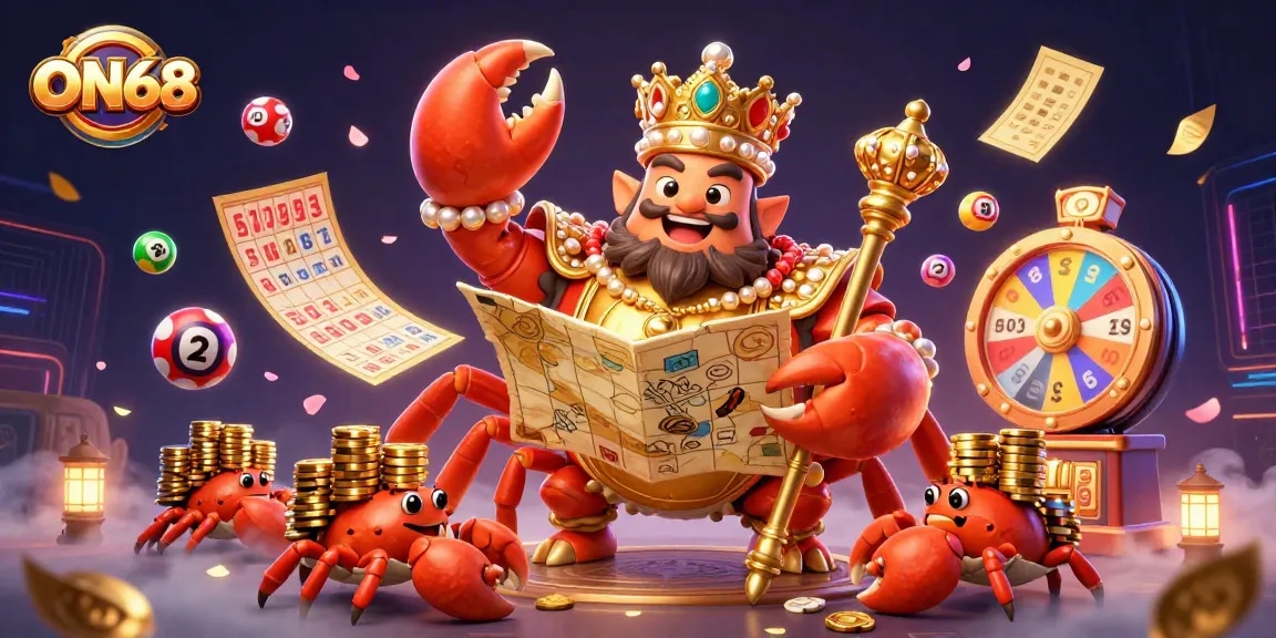 Engage in exciting games at ON68 with a lively scene featuring a golden crab emperor and treasure elements.