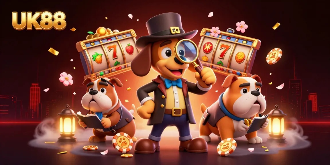 UK88 engages players with thrilling golden poker chips and dynamic slot reels in this vibrant casino scene.
