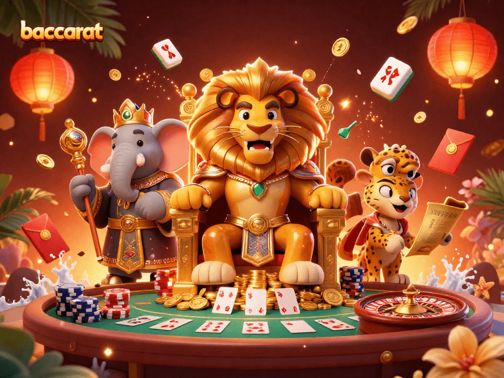 Experience the excitement of baccarat with a lion king and companions in a colorful casino scene.
