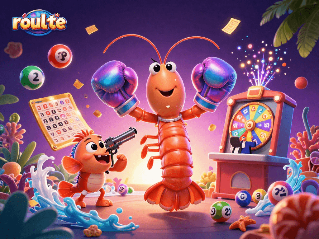 Experience thrilling roulette action with a vibrant mantis shrimp and pistol shrimp in a lively casino scene.