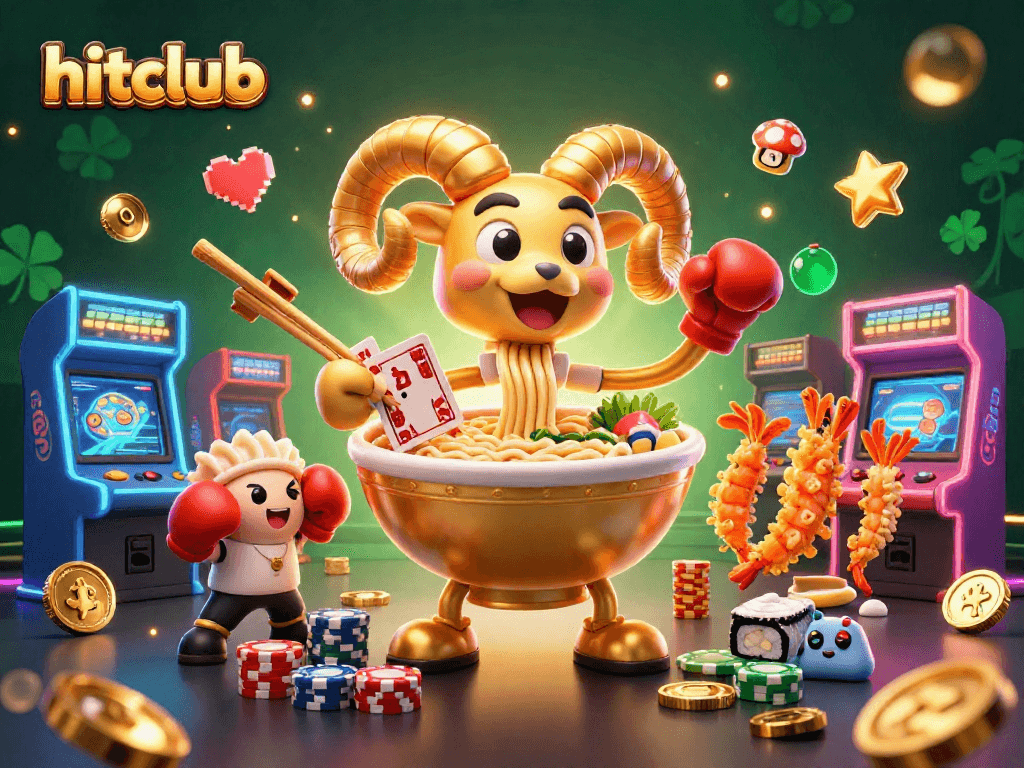 Hitclub's vibrant 3D casino scene features a golden ramen bowl dealer surrounded by arcade elements.