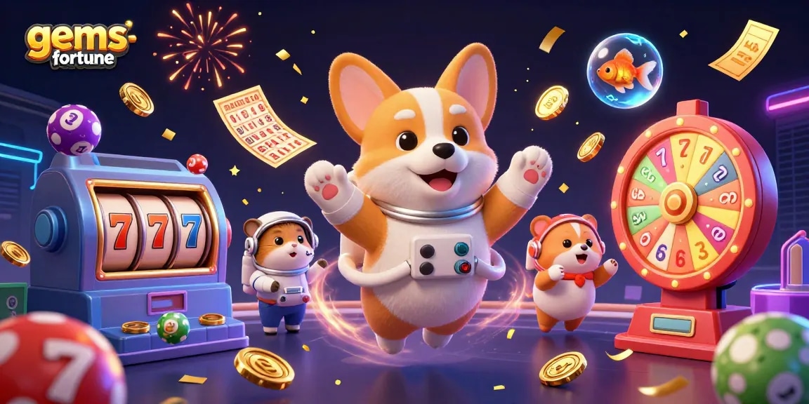 Cute corgi engaging in gems-fortune slots excitement amid drifting coins and cheerful atmosphere