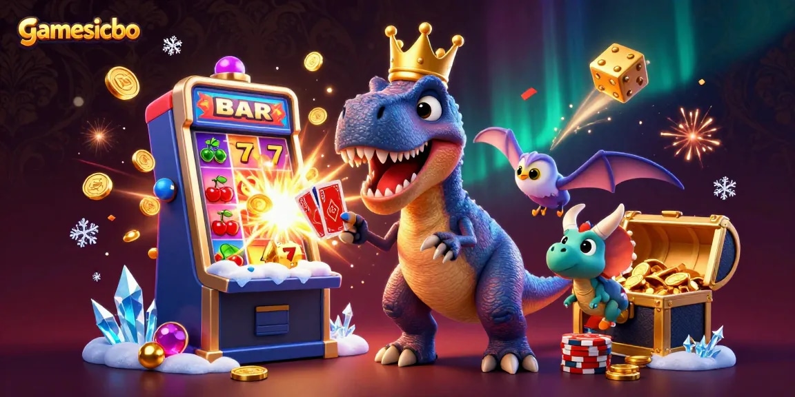 Engage in gamesicbo while seeing a charming T-Rex shuffle cards with a pterodactyl and a triceratops stacking chips.