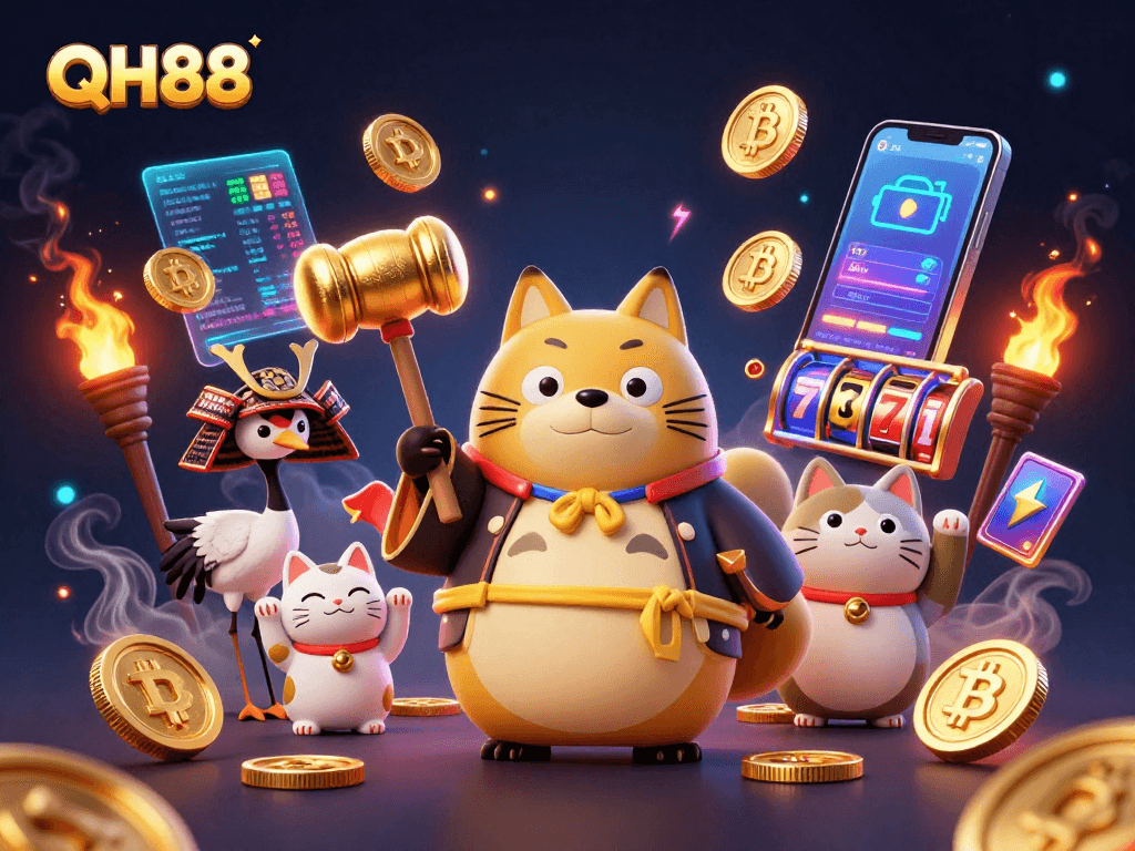 Engage with QH88's vibrant casino scene featuring lively characters and crypto elements.