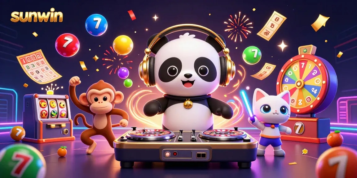 Spin the reels with sunwin as a DJ panda spins roulette wheels, amidst vibrant gambling elements.