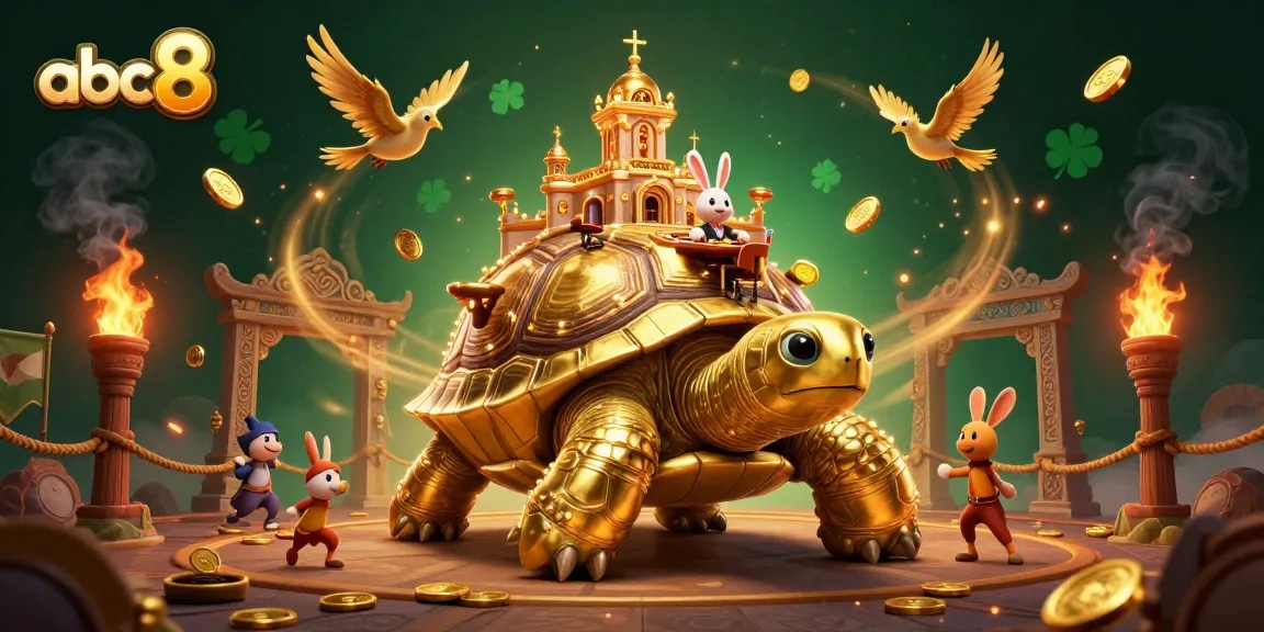 Engage with exciting games at abc8, featuring dynamic casino elements with a golden tortoise and rabbit dealer.