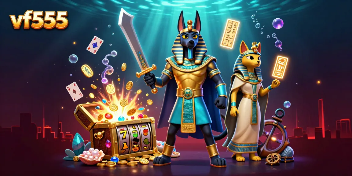 Experience excitement with vf555 casino-themed Anubis and Bastet in a vibrant scene.