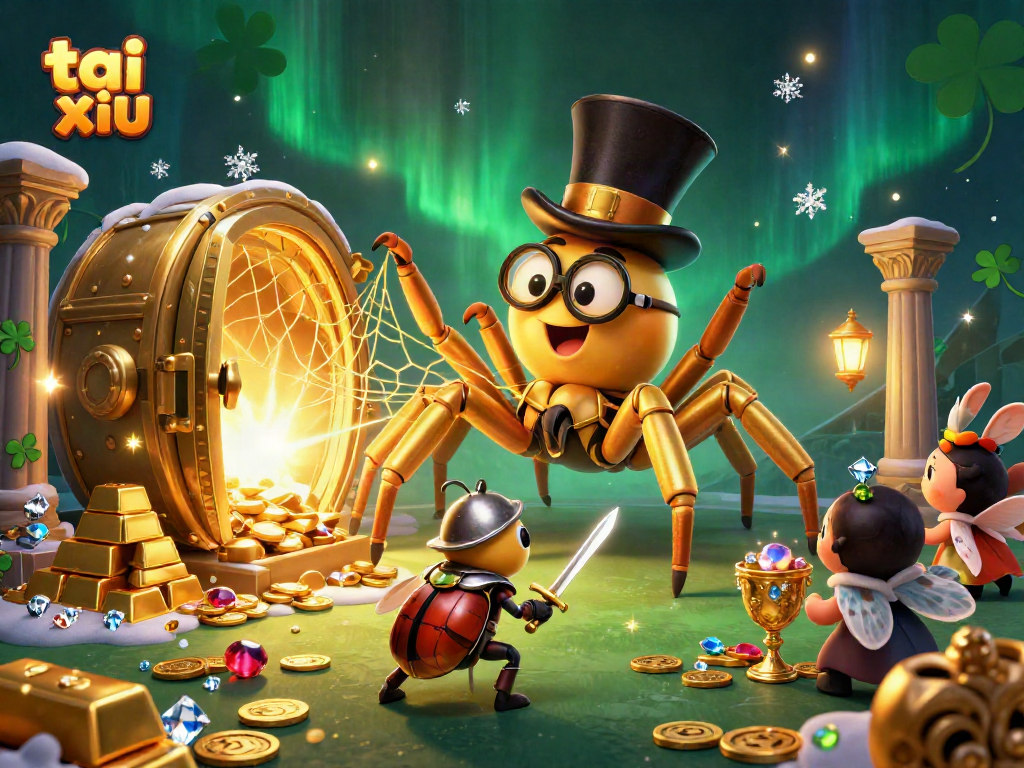 Engage in tai xiu excitement as a giant golden tarantula and beetle knight reveal riches in a dynamic casino scene.