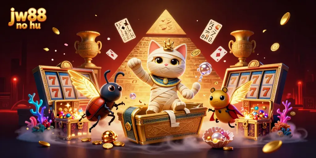 Experience the exciting slots action at jw88 no hu with a cartoon mummy cat and treasures exploding in a vibrant casino scene.