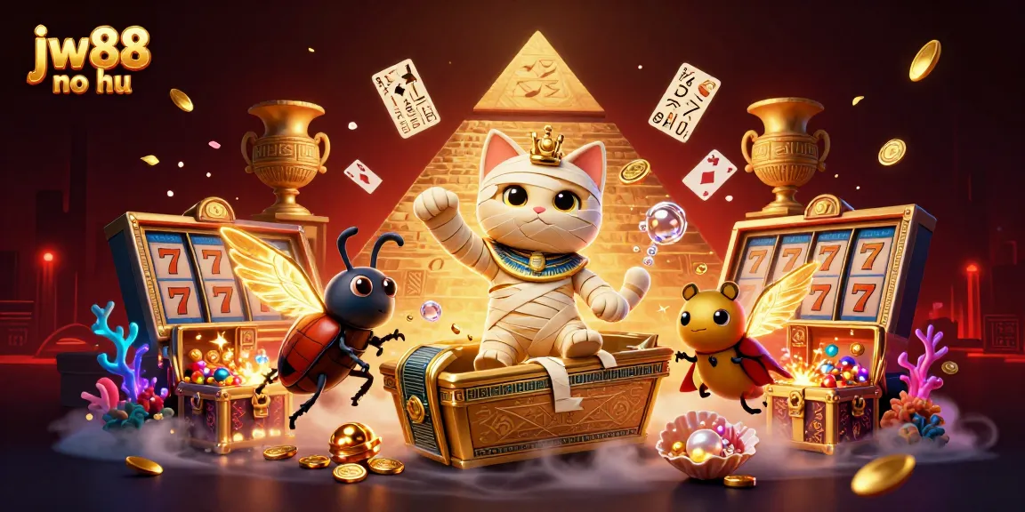 Experience the exciting slots action at jw88 no hu with a cartoon mummy cat and treasures exploding in a vibrant casino scene.