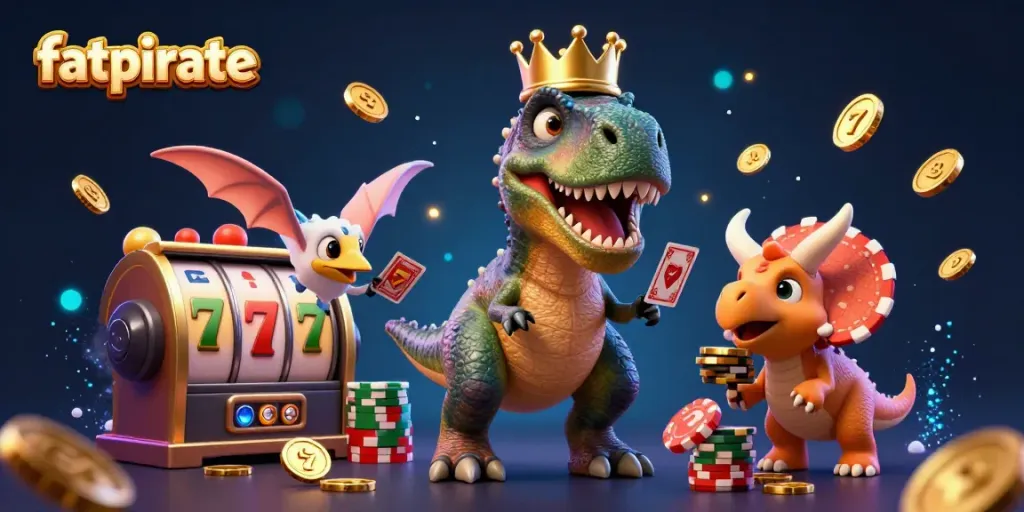 Engage in thrilling gameplay at fatpirate casino, featuring a vibrant 3D scene with gambling elements and dynamic characters.
