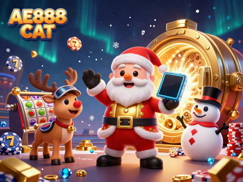 Join the festive fun with AE888 CAT at a dynamic casino! Encounter Santa, his reindeer, and a snowman amidst slots and gold treasures.